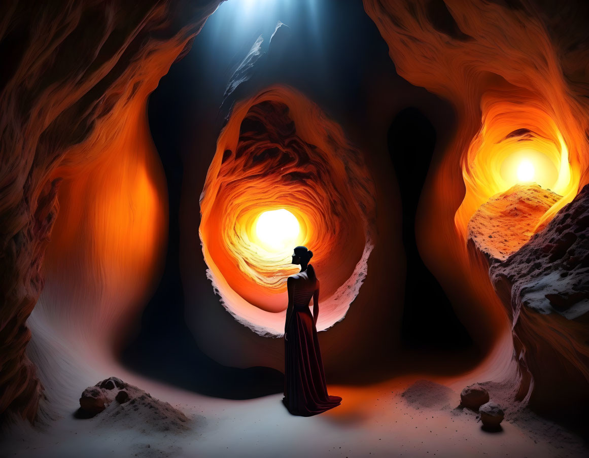 Person in long dress in surreal cave with warm glowing lights