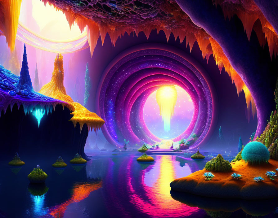 Fantastical landscape with glowing portal, colorful stalactites, and reflective water.