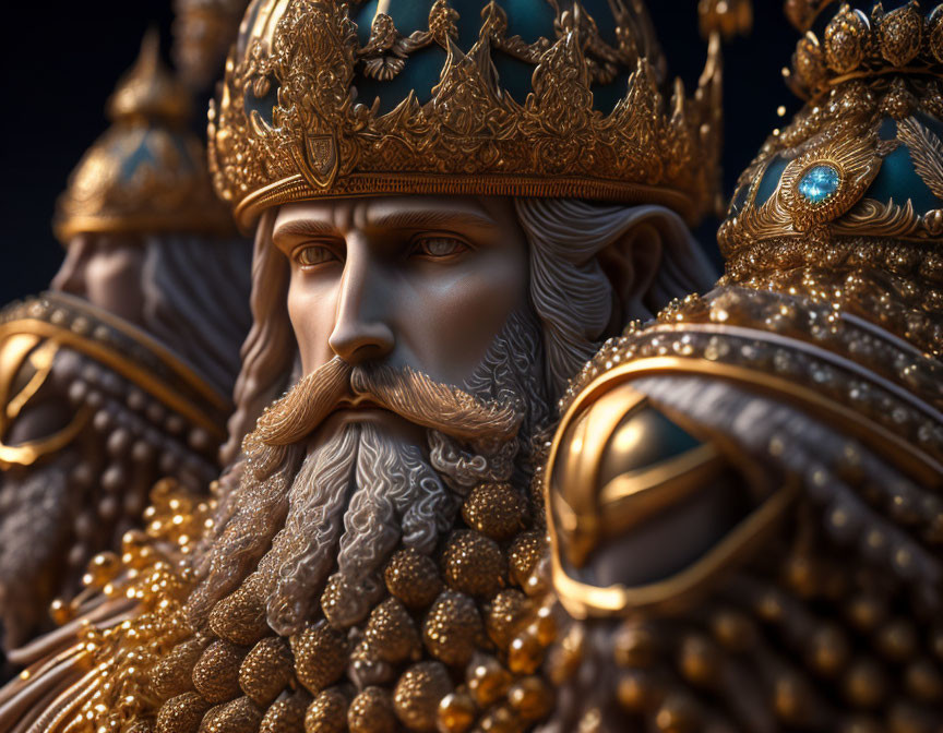 Regal bearded figure in golden crown and armor with intricate details and jewels