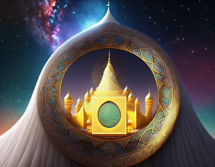 Stylized mosque with golden domes in celestial space.