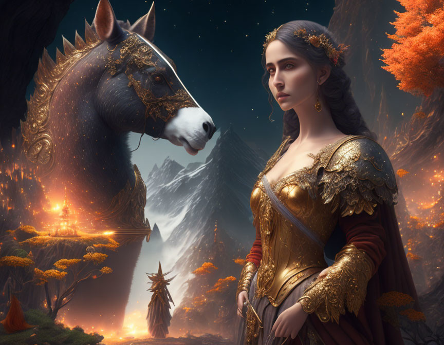 Woman in golden medieval attire with horse in ornate armor in enchanted forest.