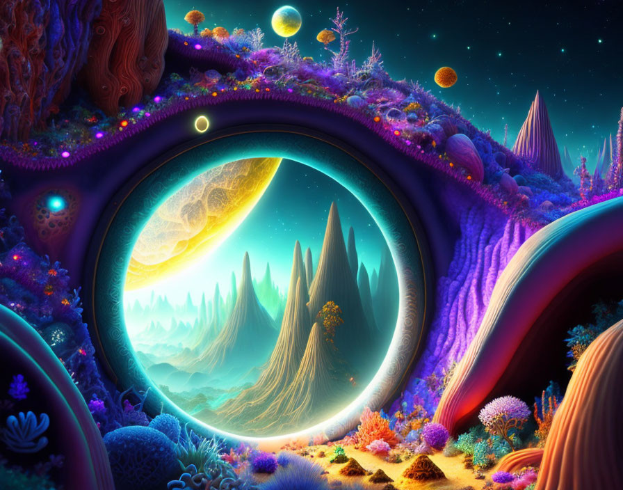 Colorful Alien Landscape with Portal and Celestial Bodies