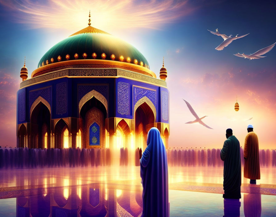 Three people admiring intricate mosque at sunset with flying birds