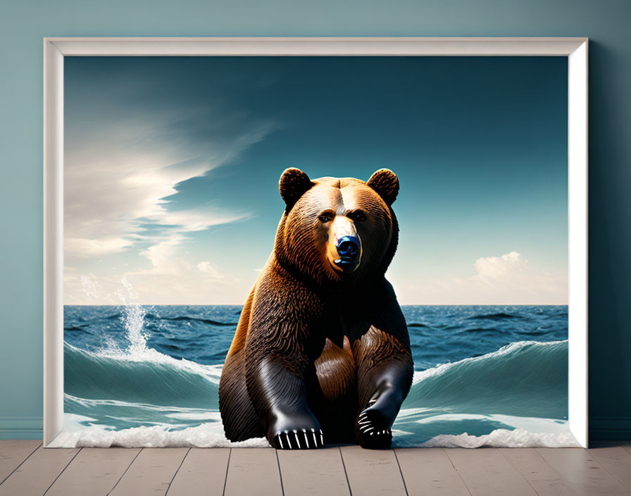 Bear blending into ocean scene on wall art display