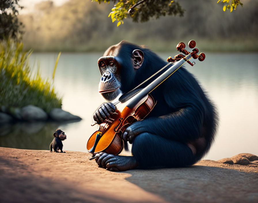 Chimpanzee with violin and miniature replica by lake