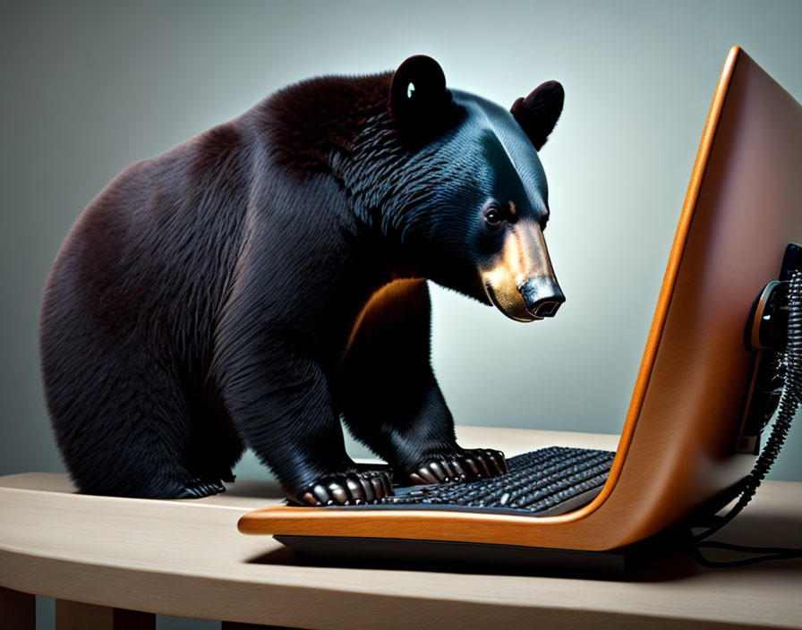 Large bear standing at computer desk with keyboard and monitor