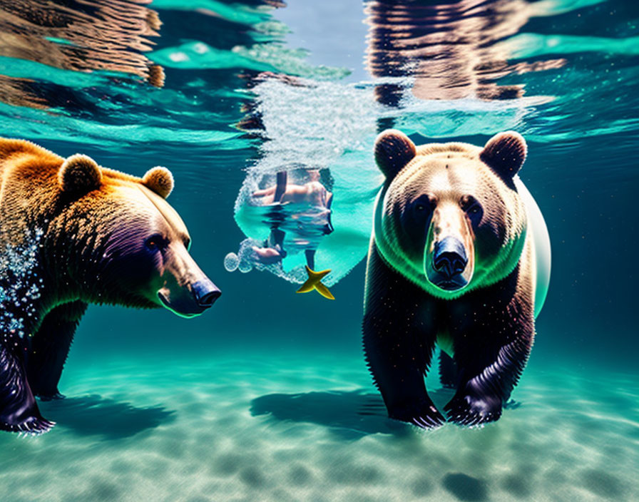 Two swimming bears and a fish in bright blue water