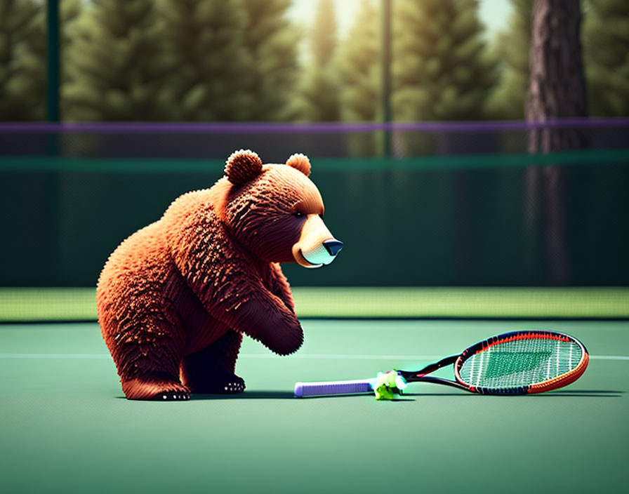 Dejected bear on tennis court with fallen racket and ball