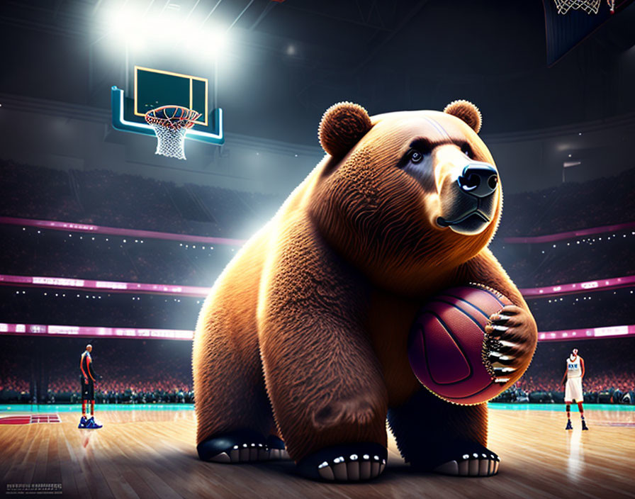 Anthropomorphic bear with basketball faces player on court in illuminated arena