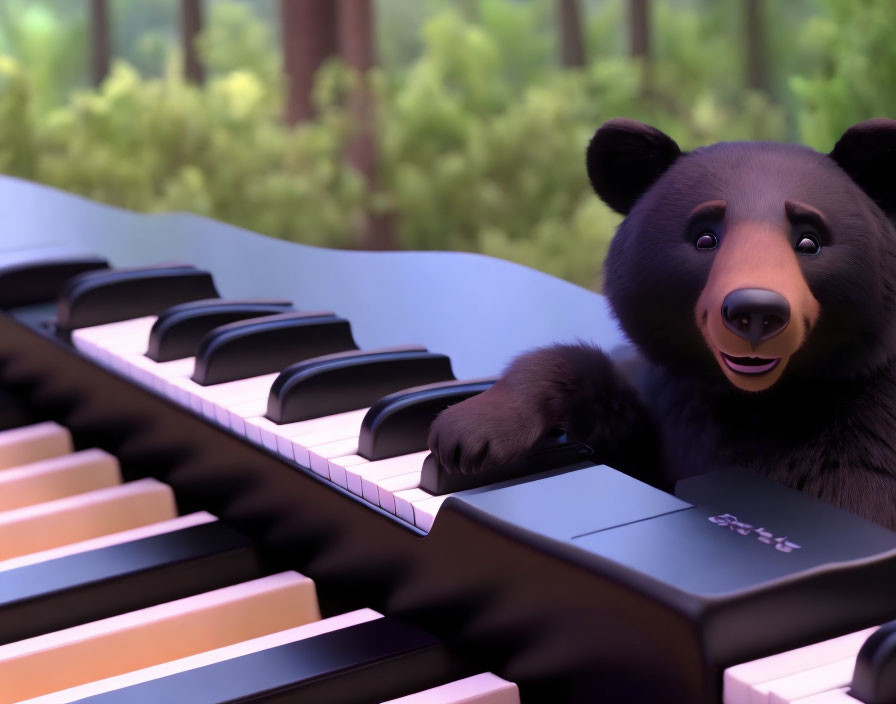 Animated bear playing piano in serene forest landscape