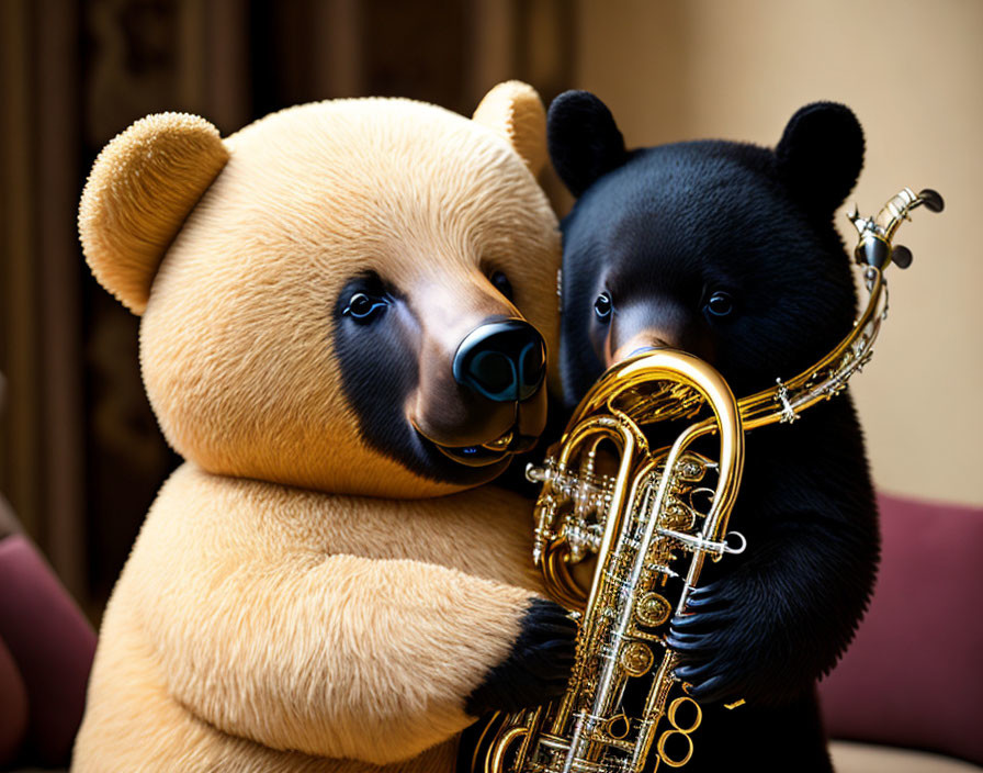 Brown and black teddy bears hugging, black bear playing saxophone