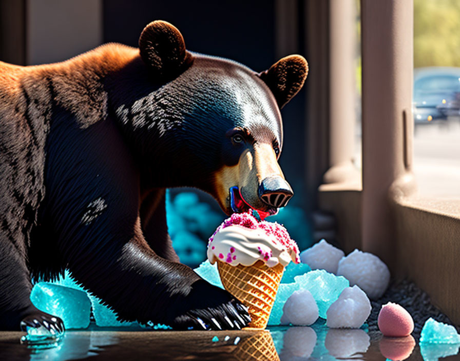 Bear enjoying large ice cream cone in warm, icy setting