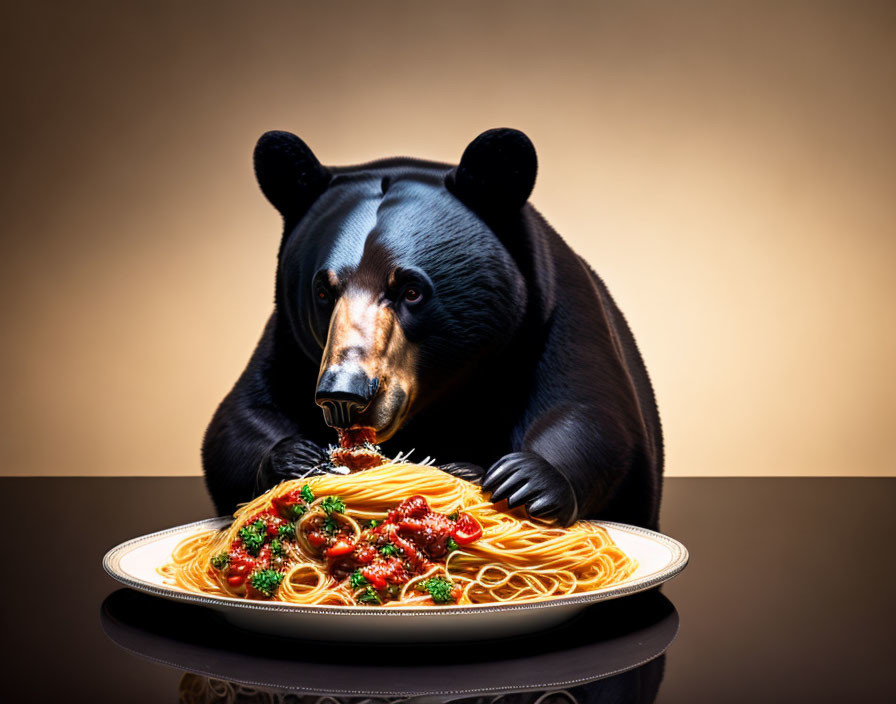 Bear Eating Spaghetti with Meatballs at Table