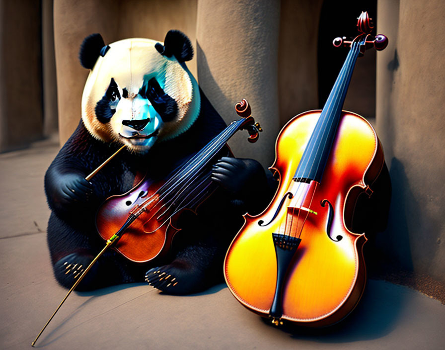 Panda with small and large violins in warm wood tones