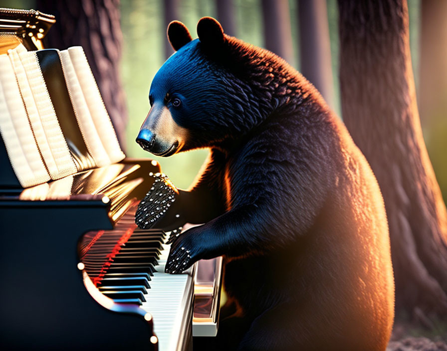 Bear playing grand piano in forest at sunset