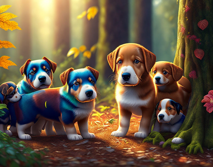 Four playful animated puppies in vibrant forest setting