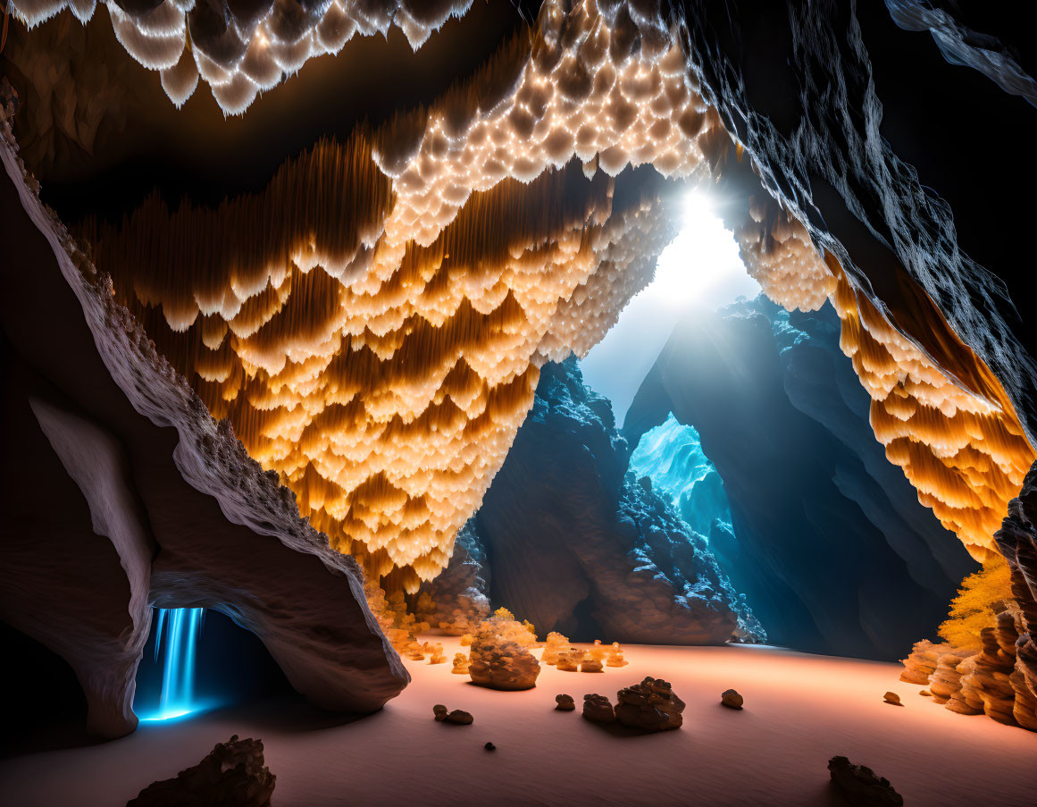 Majestic cave with stunning stalactite formations and natural light illuminating warm and cool tones