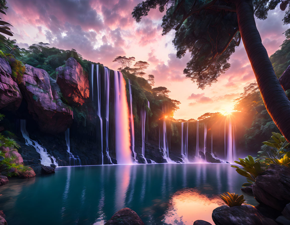 Tranquil sunset waterfall scene with lush vegetation