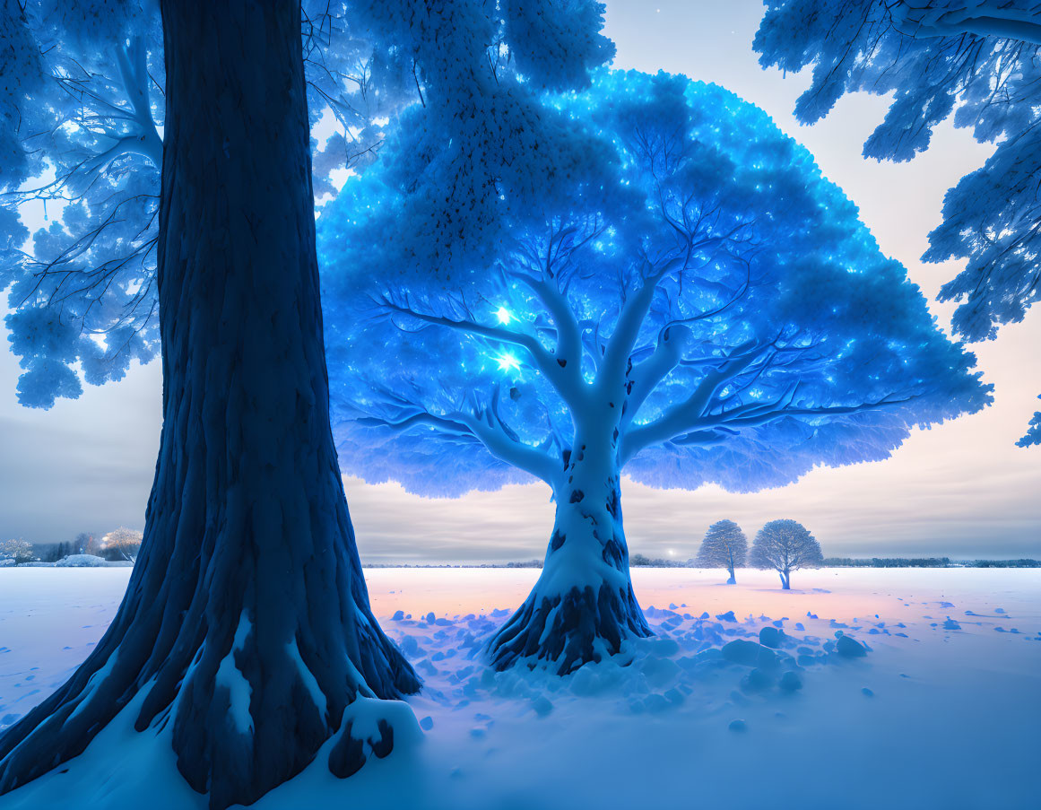 Snow-covered winter landscape at twilight with blue-tinged trees and glowing sky