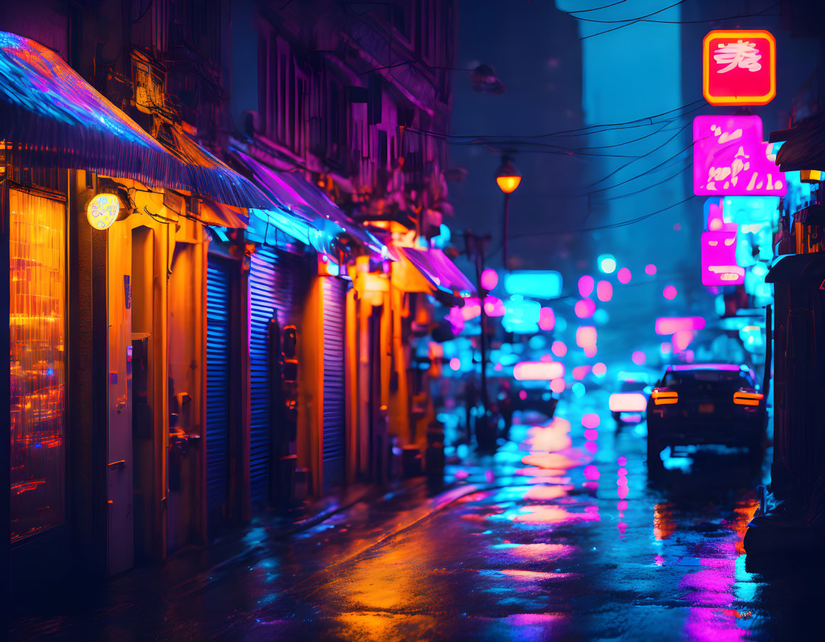 Vibrant neon-lit street scene at night with glowing colors and city lights.