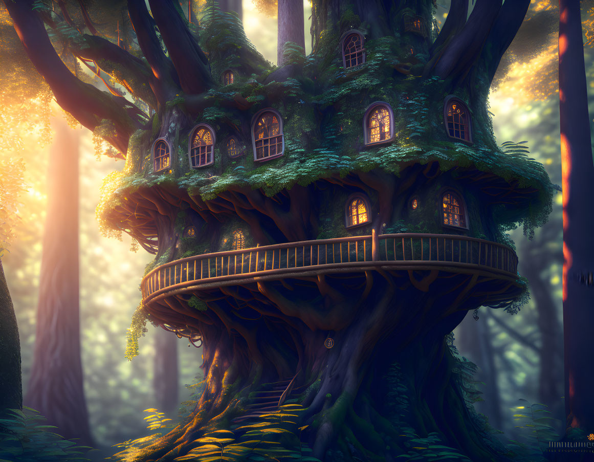 Treehouse with multiple windows in sunlit forest