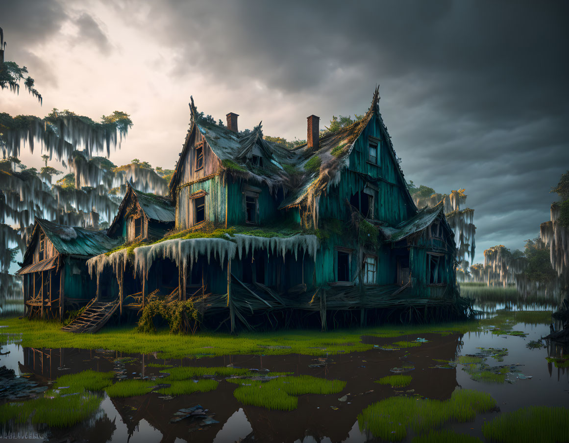 Desolate moss-covered houses in swamp with eerie trees under moody sky