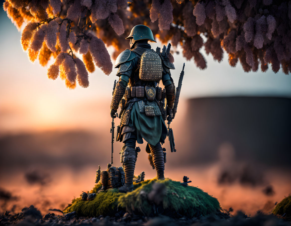 Knight in full armor under pink tree with dramatic sky.