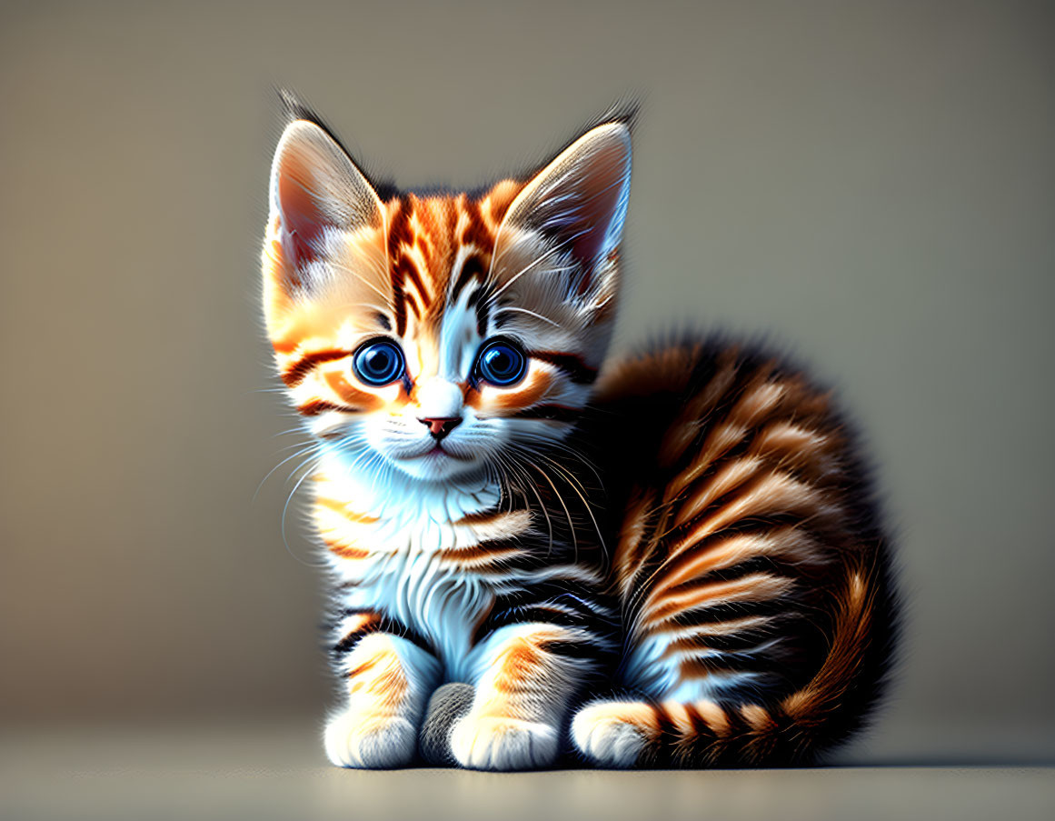 Hyper-realistic digital artwork of vibrant orange and black striped kitten