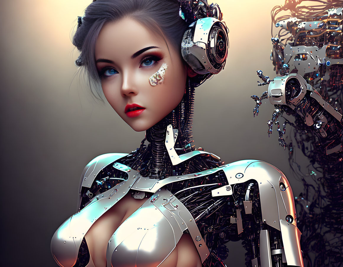 Detailed Female Robot with Mechanical Parts and Blue Eyes