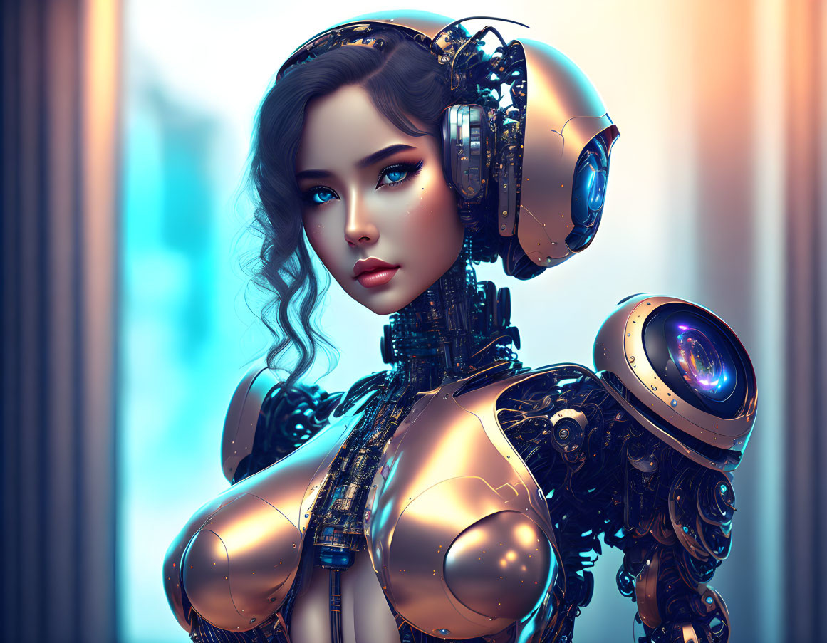 Female robot with human-like face and metallic armor in digital illustration