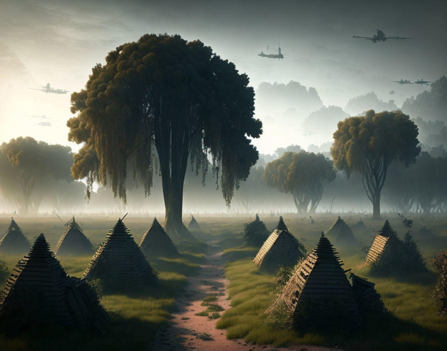 Mystical landscape with towering trees, pyramid-like structures, central path, and floating ships in mist