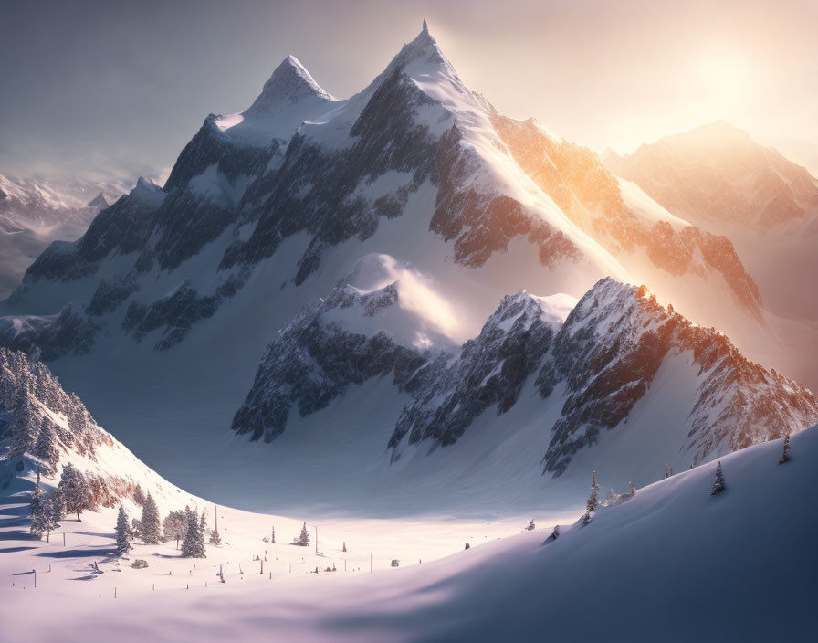 Snow-covered mountain range at sunrise with warm light on peaks and ski resort below