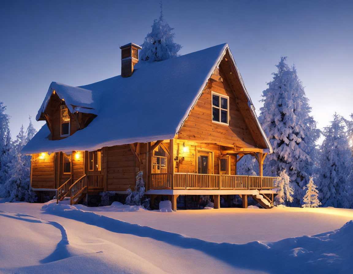 Snow-covered forest twilight scene: Cozy wooden cabin with lit porch