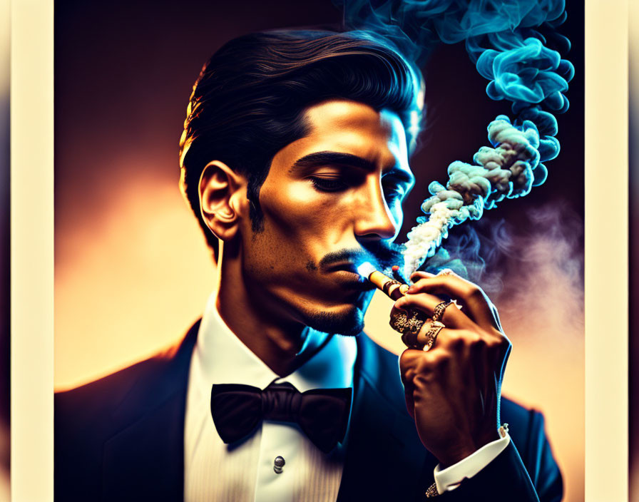 Man in Suit Smoking with Blue Smoke Trails on Orange Background