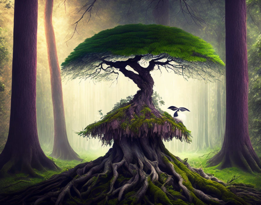 Enchanted forest scene with mystical tree, lush canopy, exposed roots, mist, and flying birds