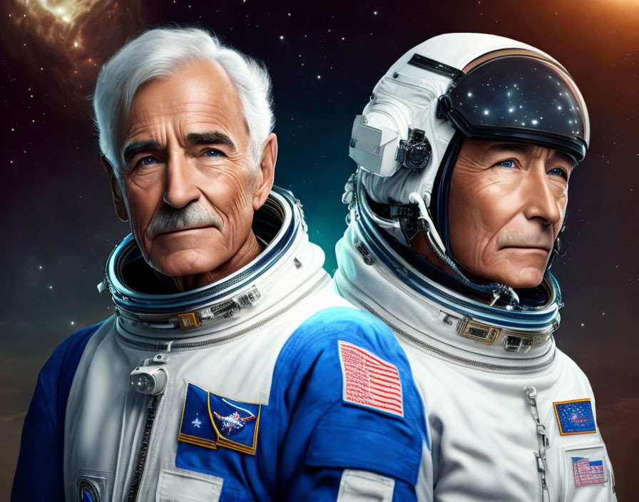 Two gray-haired astronauts in blue and white space suits against cosmic backdrop.