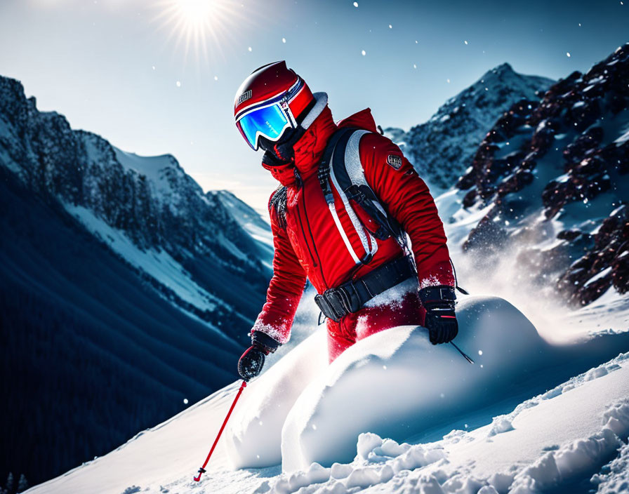 Skier in Red Gear Carving Through Pristine Snow