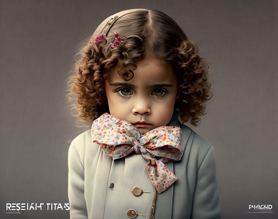 Young child portrait with curly hair, jacket, bow tie, and hair clips