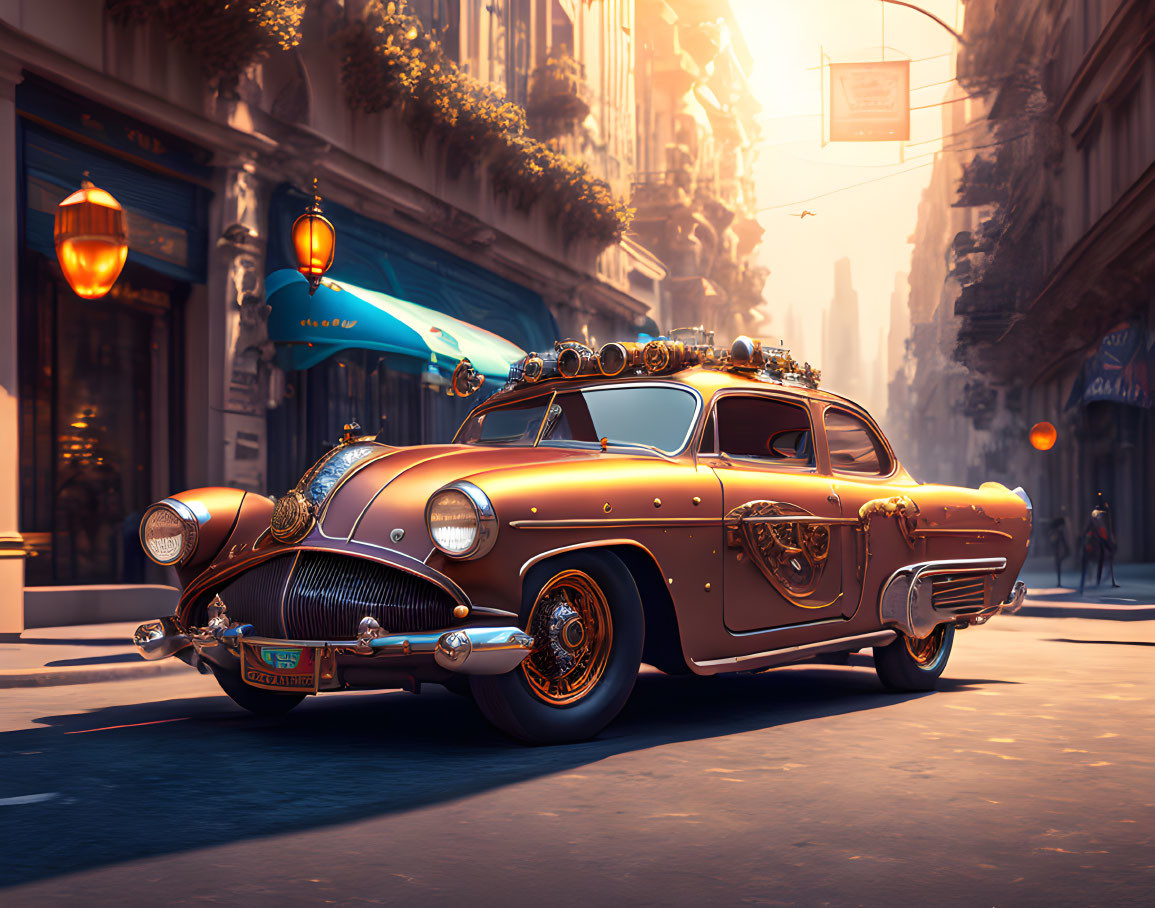 Customized Vintage Car on Sunlit City Street
