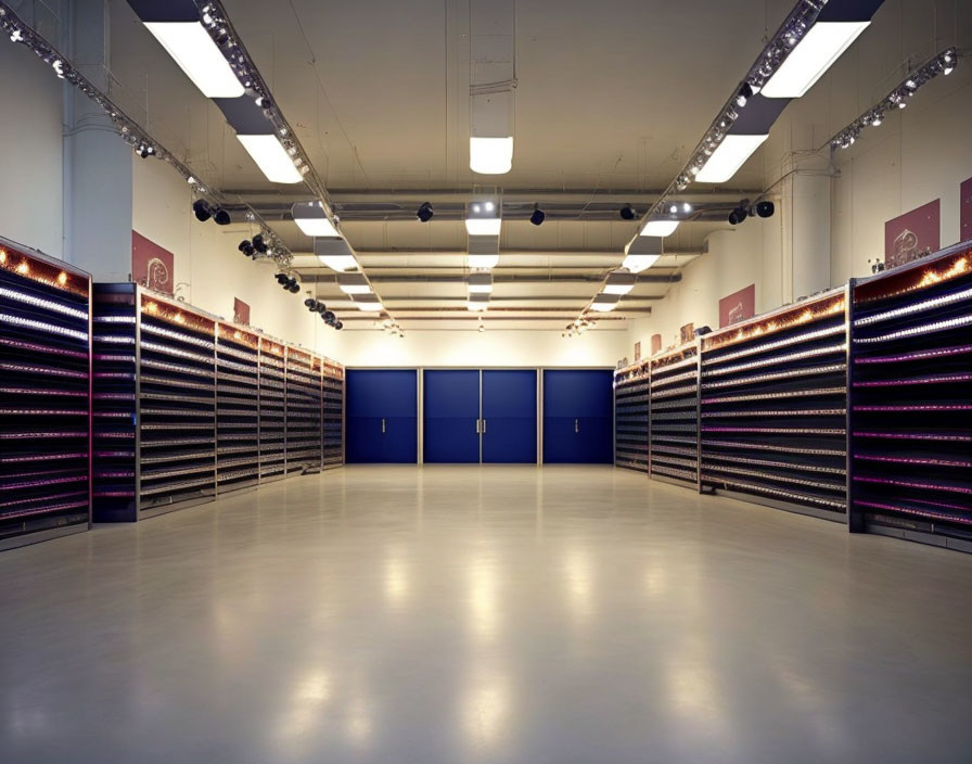 Brightly Lit Server Room with Rows of Server Racks