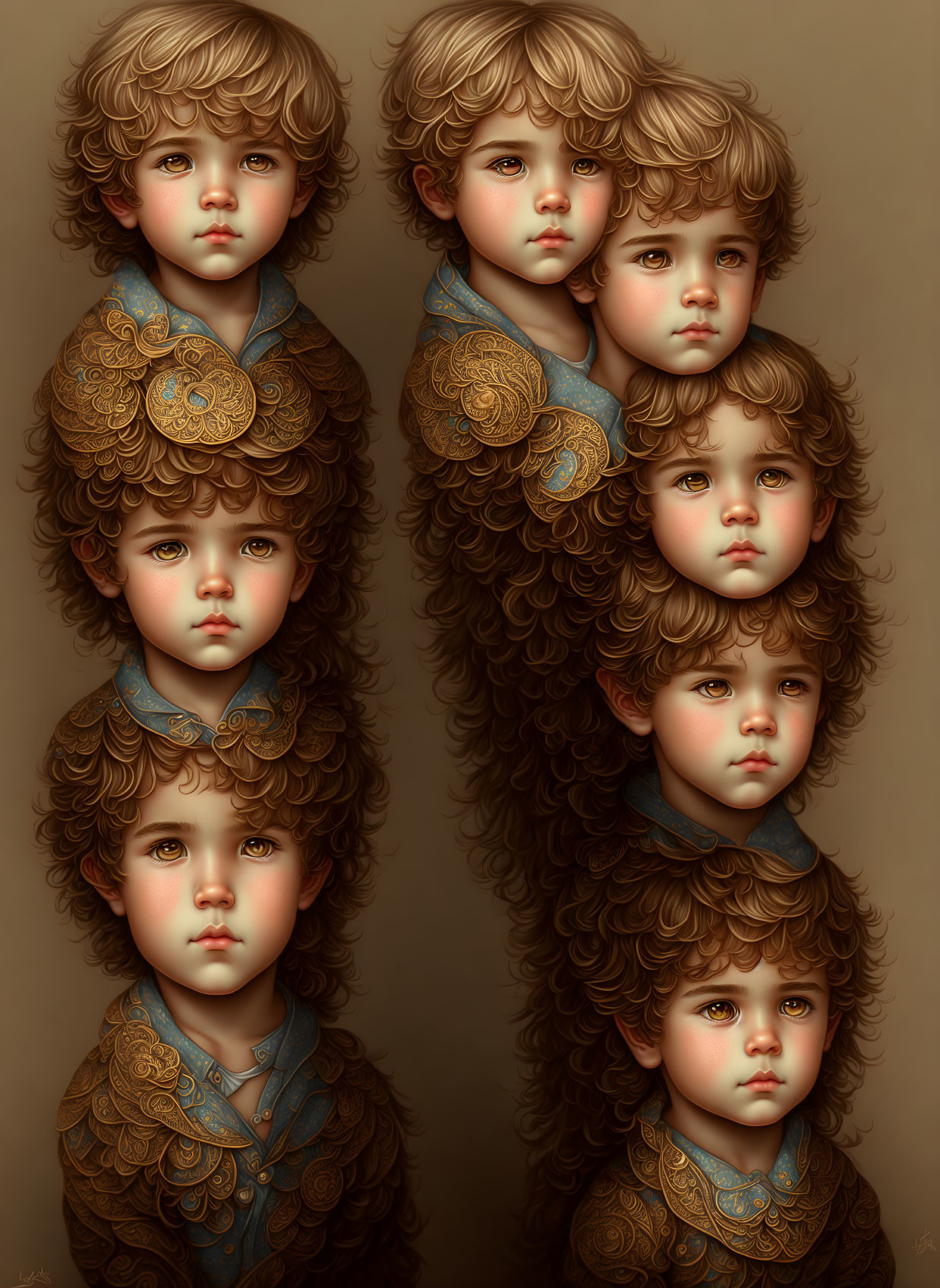 Six Children in Vintage Attire with Curly Hair and Lace Collars
