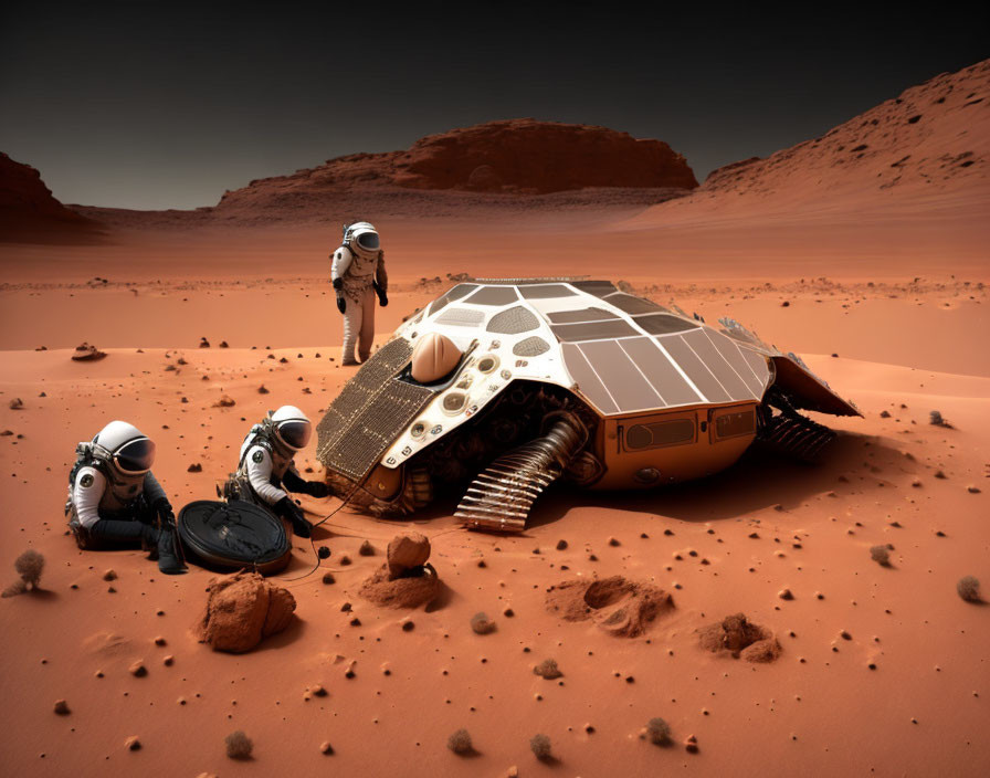 Astronauts on Mars with rover in rocky, reddish terrain