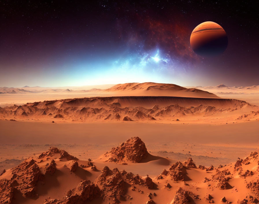 Majestic Martian landscape with orange sand dunes and Saturn-like planet