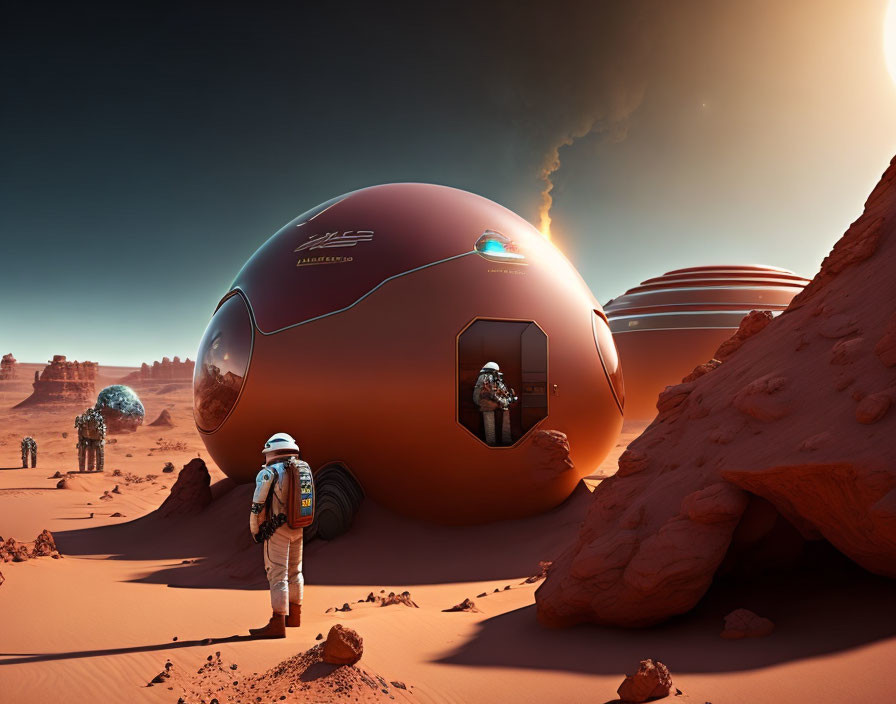 Futuristic Mars habitats with astronauts in desert landscape