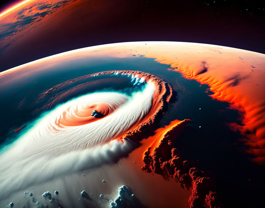 Surreal Space View: Massive Hurricane in Fiery and Cool Tones