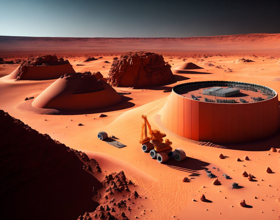 Futuristic Mars Base with Dome Structure, Rover, and Habitat in Reddish Desert Landscape