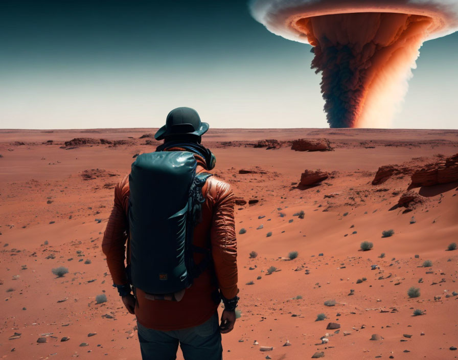 Person in jacket and hat faces massive dust tornado in Mars-like red desert