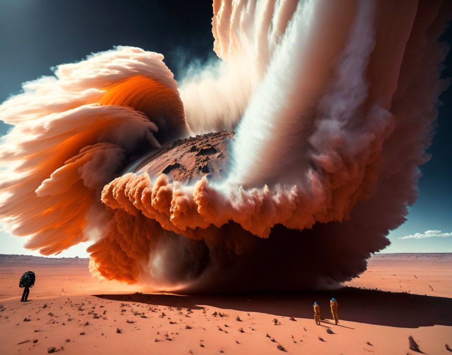 Desert sandstorm envelops hill with two figures amid swirling sand