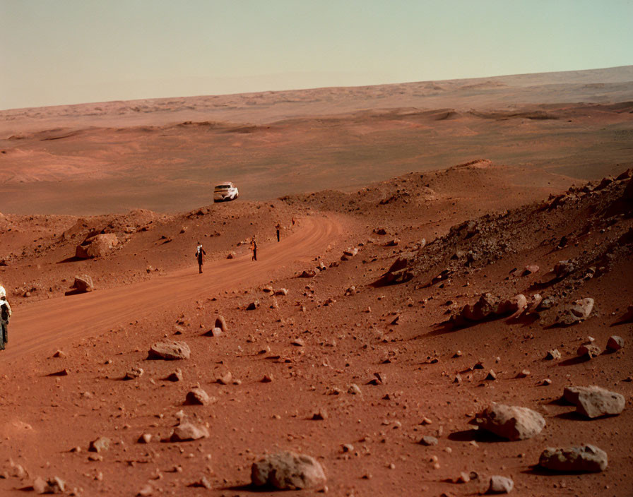 Barren Martian Landscape with Astronauts and Rover on Red Soil