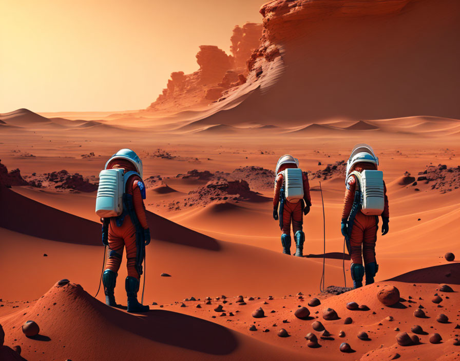 Three astronauts exploring Mars-like red desert terrain.